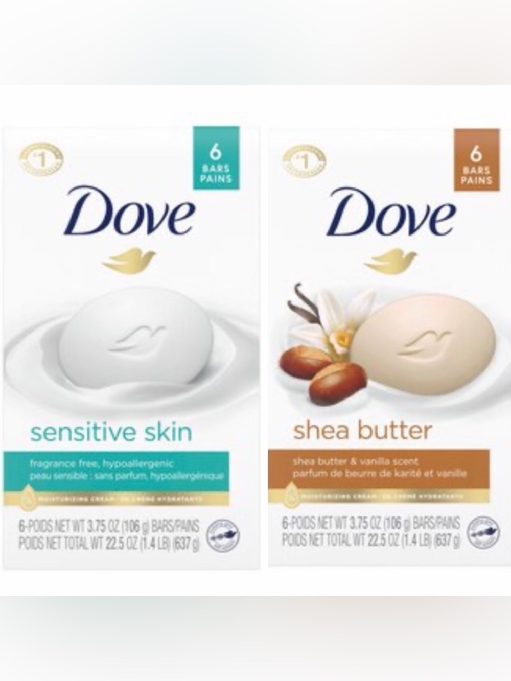 Dove Beauty Bar Soap, Sensitive, 6 Bars & Shea Butter 6 Bars - New Sealed